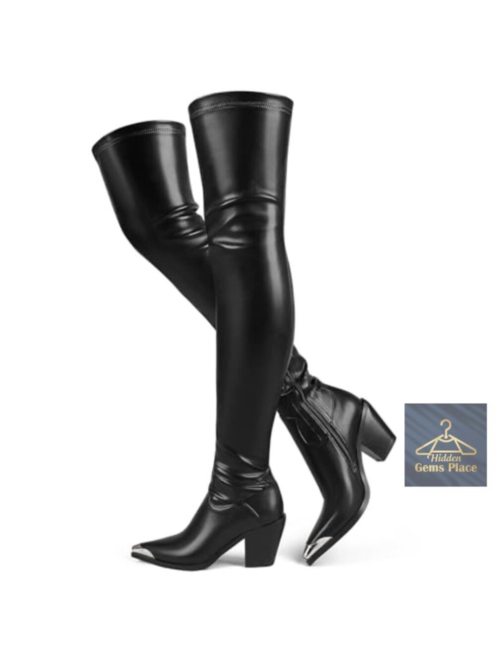 Over-The-Knee Boots Pointed Toe Block Heel Stretch PU Leather Side Zip